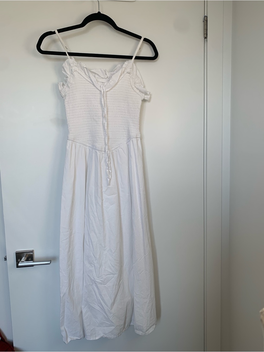 100% cotton White Smocked Midi Dress with Tie Front